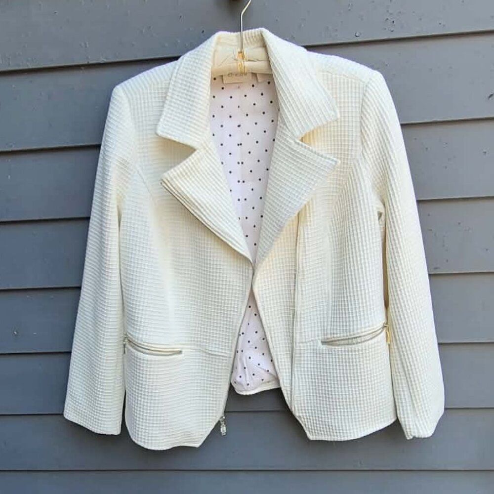 Chicos White/Off White Waffle Weave Zip Front Jacket size 1